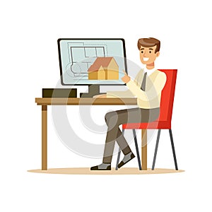 Young smiling architect working on his project using computer, colorful character vector Illustration