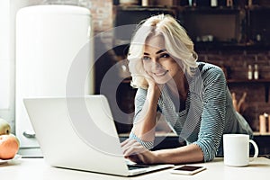 Young Smiling Beautiful Woman Using Laptop at Home