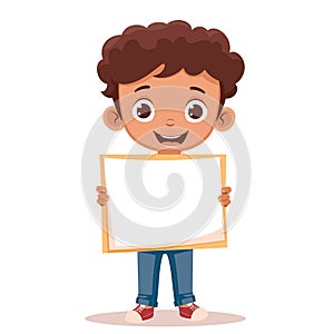 Young smiling boy holding blank sign, happy cartoon kid presenting empty banner, cheerful child