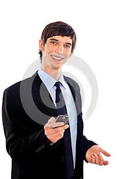 young smiling business man using cell phone