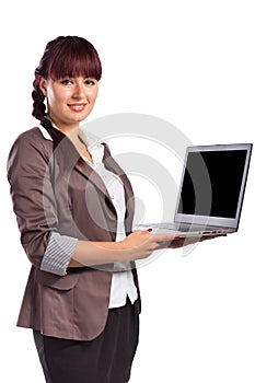 Young Smiling Business Woman With Laptop isolated on white