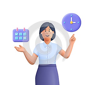 Young smiling business woman pointing to calendar and clock.Time management, timing, self organization, business