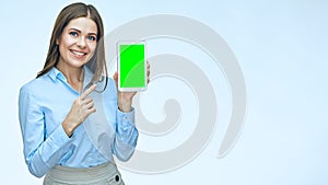 Young smiling business woman showing tablet screen