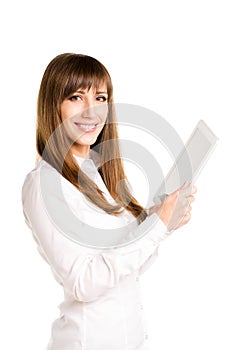 Young smiling business woman using tablet computer