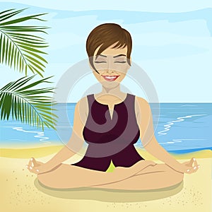 Young smiling businesswoman doing yoga on tropical beach