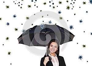 Young smiling businesswoman under umbrella among coronavirus cells.