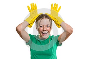 Young smiling cheerful girl in yellow rubber protective gloves, white isolated background