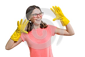 Young smiling cheerful girl in yellow rubber protective gloves, white isolated background