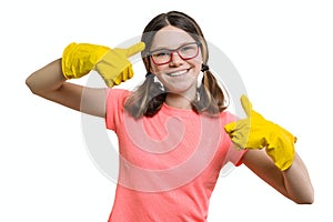 Young smiling cheerful girl in yellow rubber protective gloves, white isolated background