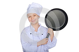 Young smiling cook with a pan