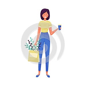 Young Smiling Dark-haired Girl Holding Coffee Cup and Flower Bag Vector Illustration