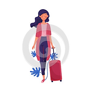 Young Smiling Dark-haired Girl Pulling Travelling Trunk Vector Illustration