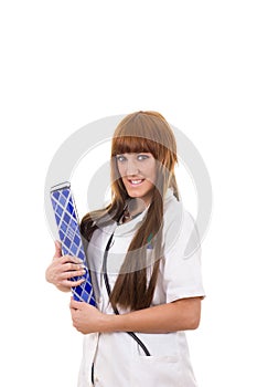 Young smiling female medical practitioner in white uniform