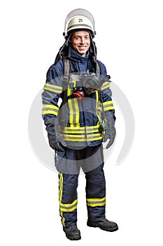 Young smiling firefighter with a mask and an air pack on his back