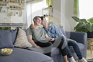 Young smiling gay couple watching TV in the living room at home, LGBTQ and diversity