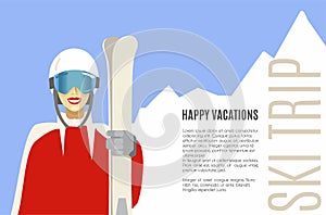 Young smiling girl in goggles on mountine background. Travel banner