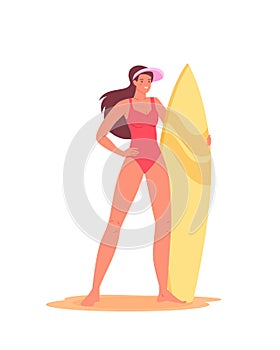 Young smiling girl standing with surfboard. Active female character in swimwear on summer recreation, sea leisure hobby