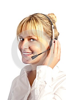 Young smiling girl working in a call center