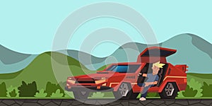 Young smiling guy sitting in red race car on hilly valley background. Traveler in the natural environment. Flat vector