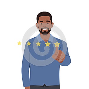 Young smiling man character giving five star rating