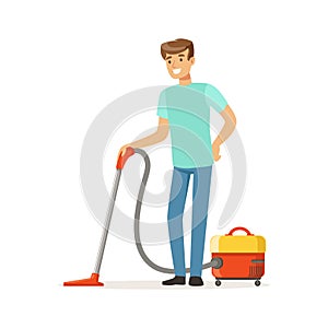 Young smiling man cleaning the floor with vacuum cleaner, house husband working at home vector Illustration