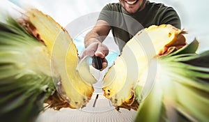 Young smiling man cutting pineapple - Close up male hand holding sharp knife preparing tropical fresh fruits