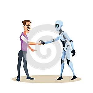 Young Smiling Man in Glasses and Robot Shake Hand