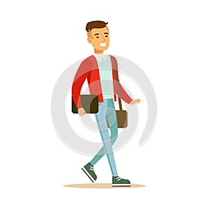 Young smiling man in a red jacket walking and holding a bag and a gadget in his hands. Student lifestyle colorful