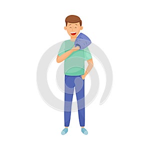 Young Smiling Man Standing and Holding Mask with Crying Face in His Hands Vector Illustration
