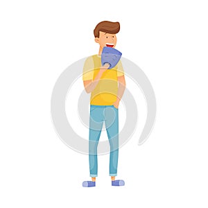 Young Smiling Man Standing and Holding Mask with Sad Emotion in His Hands Vector Illustration