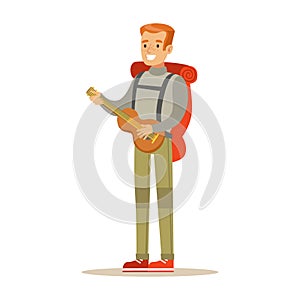 Young smiling man traveler with backpack and quitar. Summer camping colorful cartoon character vector Illustration
