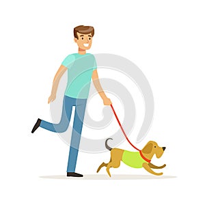Young smiling man walking a dog vector Illustration