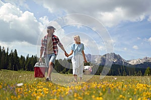 Young smiling man and woman in love holding hands and walking in nature on a beautiful day. Couple is holding picnic equipment