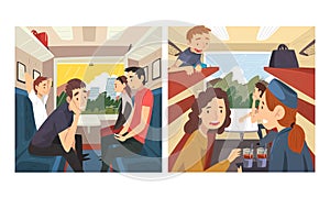 Young Smiling Man and Woman Travelling by Train Sitting in Passenger Car and Looking Out Window Vector Set