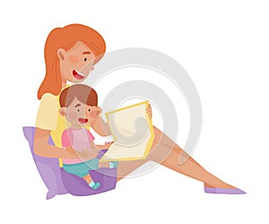 Young Smiling Mother and Her Little Baby Sitting and Reading Book Vector Illustration. Woman Spending Time with Her Kid