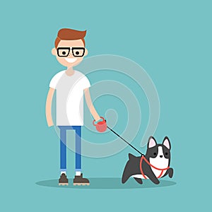 Young smiling nerd walking the dog / flat editable vector illustration