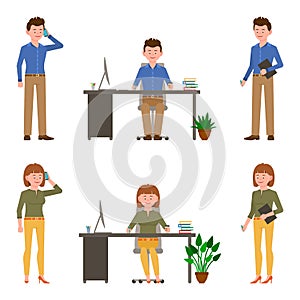 Young, smiling office man and woman vector illustration. Sitting, writing, standing with notes, talking on phone cartoon character