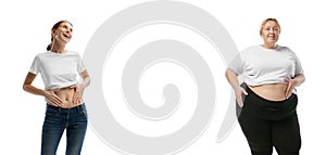 Young smiling slim girl and plus-size woman isolated on white background. Concept of healthy lifestyle, fitness, sport