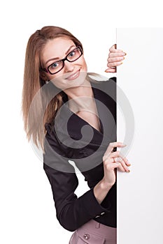 Young smiling woman with blank board