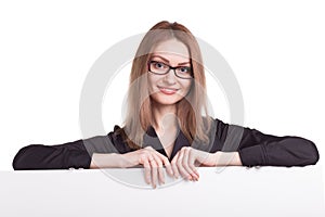 Young smiling woman with blank board