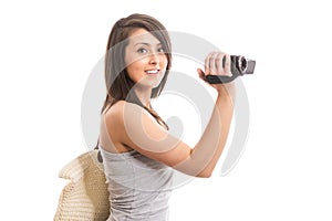 Young smiling woman with camera