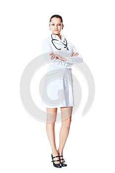 Young smiling woman doctor isolated on white