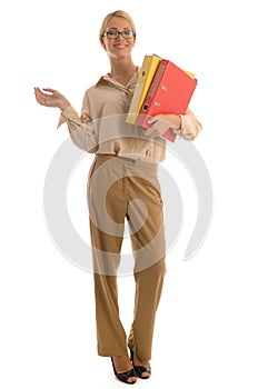 Young smiling woman in glasses with binders