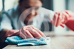 Young Smiling Woman in Gloves Cleaning House