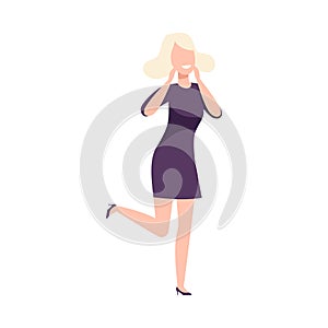 Young Smiling Woman, Happy Attractive Blonde Girl Character Wearing Short Black Dress Flat Vector Illustration