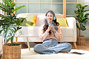 Young smiling woman happy watching movies and chill relax in summer holiday.