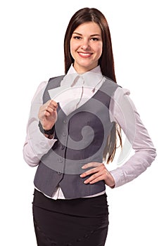 Young smiling woman holding a blank card