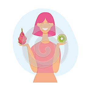 Young smiling woman holding dragon fruit and kiwi in her hands. Vector illustration in cartoon style