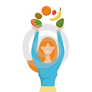 Young smiling woman holding fruits above her head. Vector illustration in cartoon style