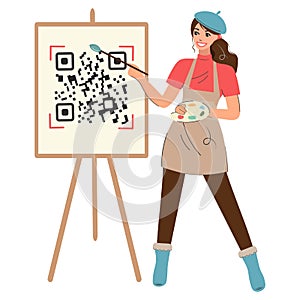 Young smiling woman holding paintbrush and palette. Girl artist draws a QR code on an easel. Work and study at home. The